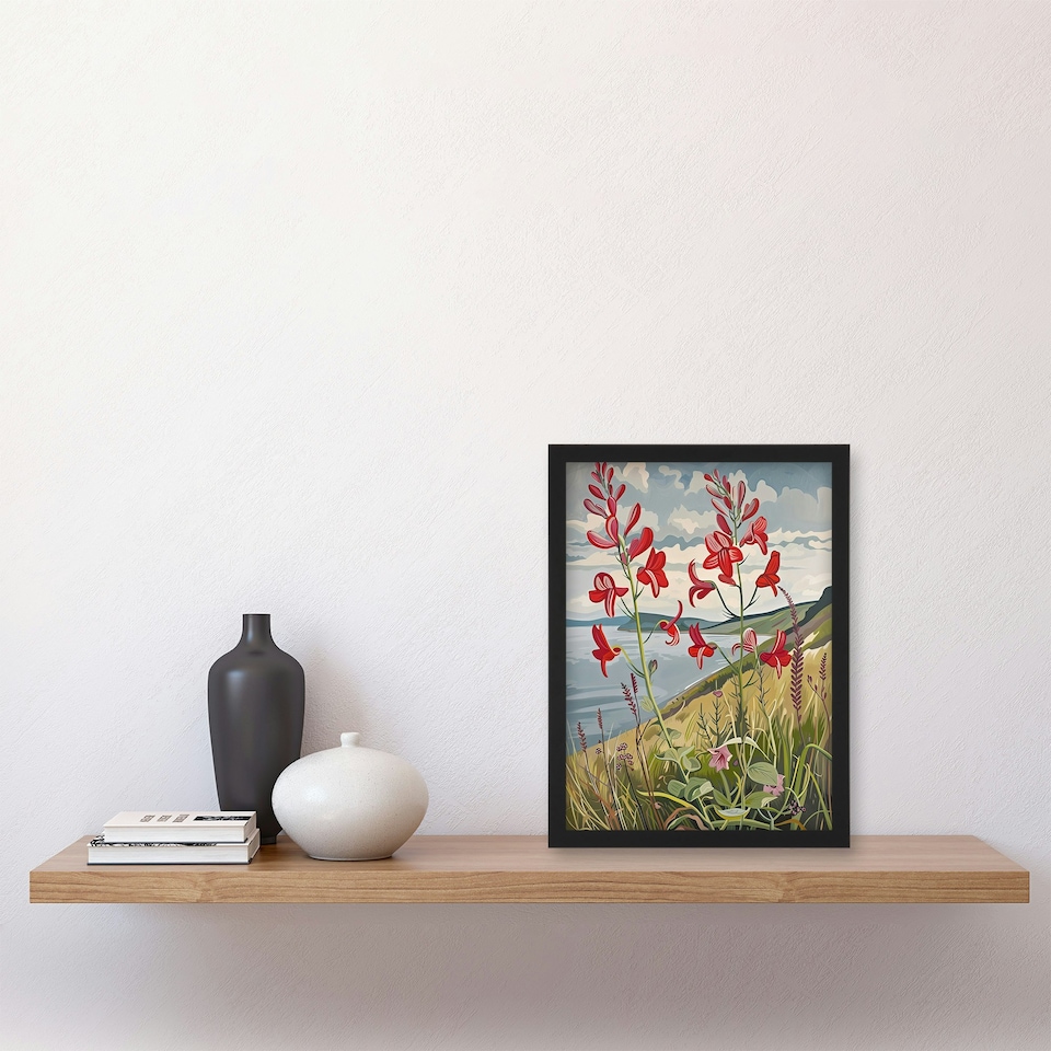 image 1 of Red Wildflowers On Hunt Cliff Yorkshire Black Framed Wall Art Print A4