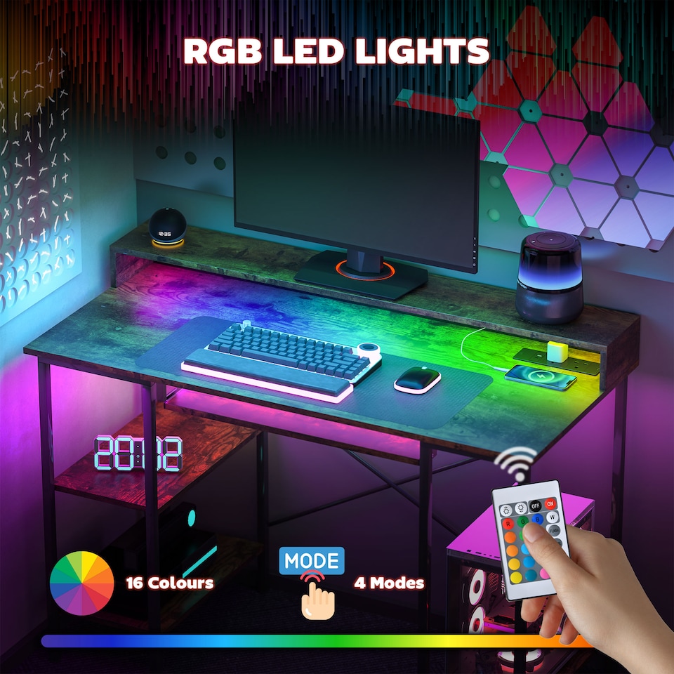 image 1 of HOMCOM Computer Desk with LED Lights and Power Outlets, 120 x 55 cm Gaming Desk with Monitor Stand, Sliding Keyboard Tray and Storage Shelves for Home Office, Rustic Brown | Brown