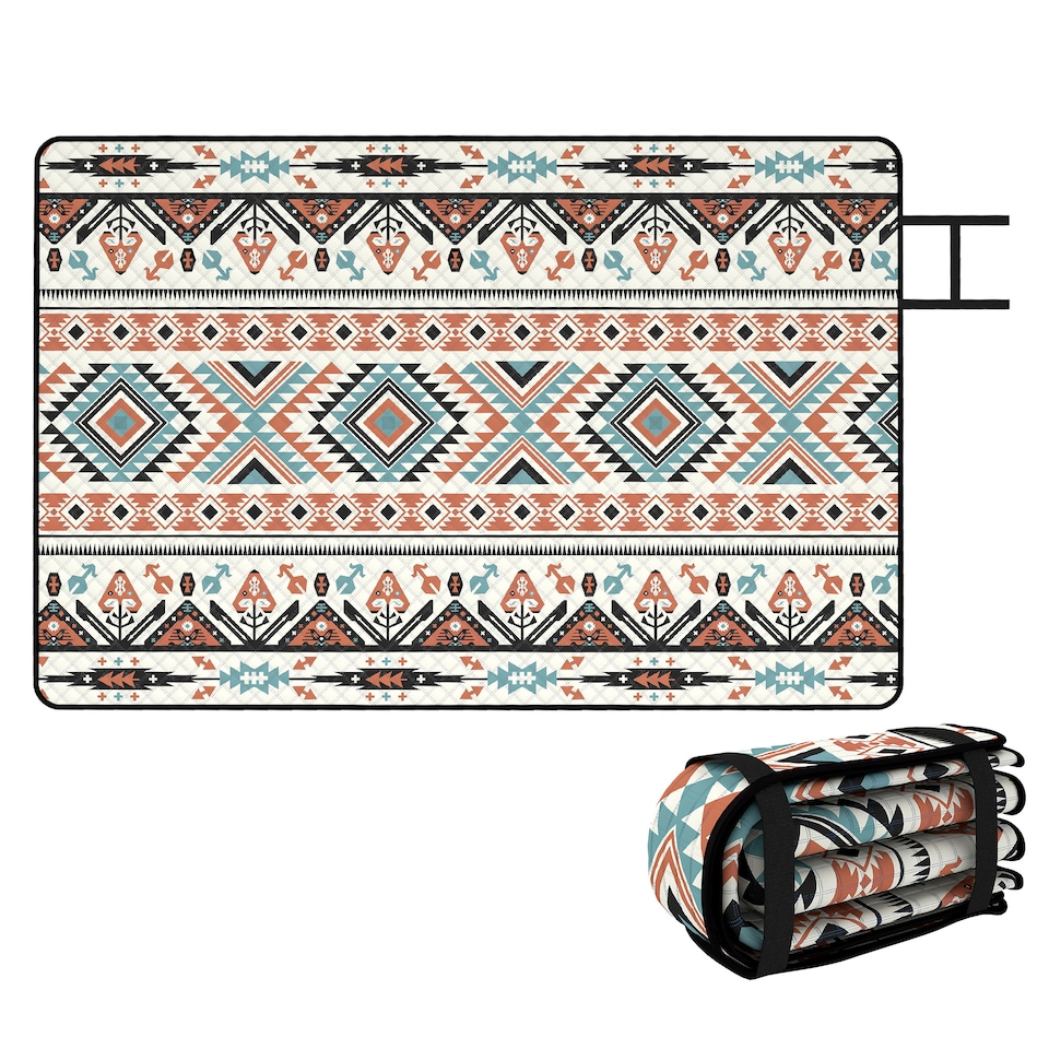 image 1 of Outsunny Picnic Blanket, 300x200CM Beach Blanket Outdoor Picnic Mat | Multi | Multi-coloured tribal geometric | 300 x 200 x 1 cm