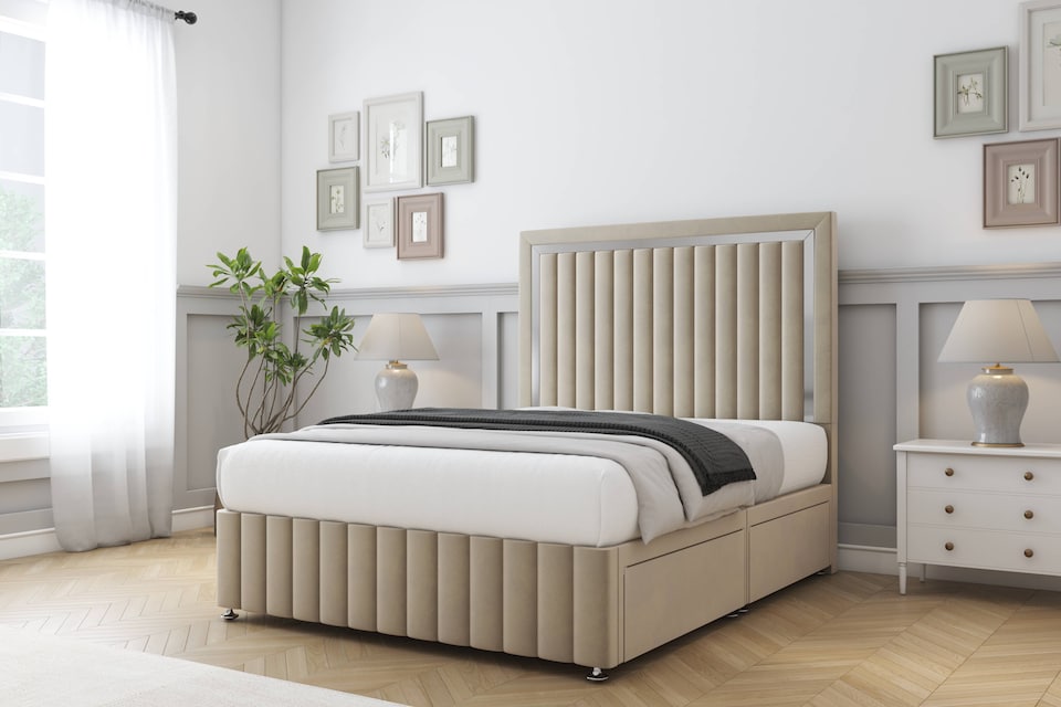 image 1 of Sloomy Boston Chrome Almond Coniston Divan Bed With Mattress 2 Drawers Footend With 54" Floor Standing Headboard & 12" Matching Footboard 4'6 Double | Cream | Almond | Double | 1