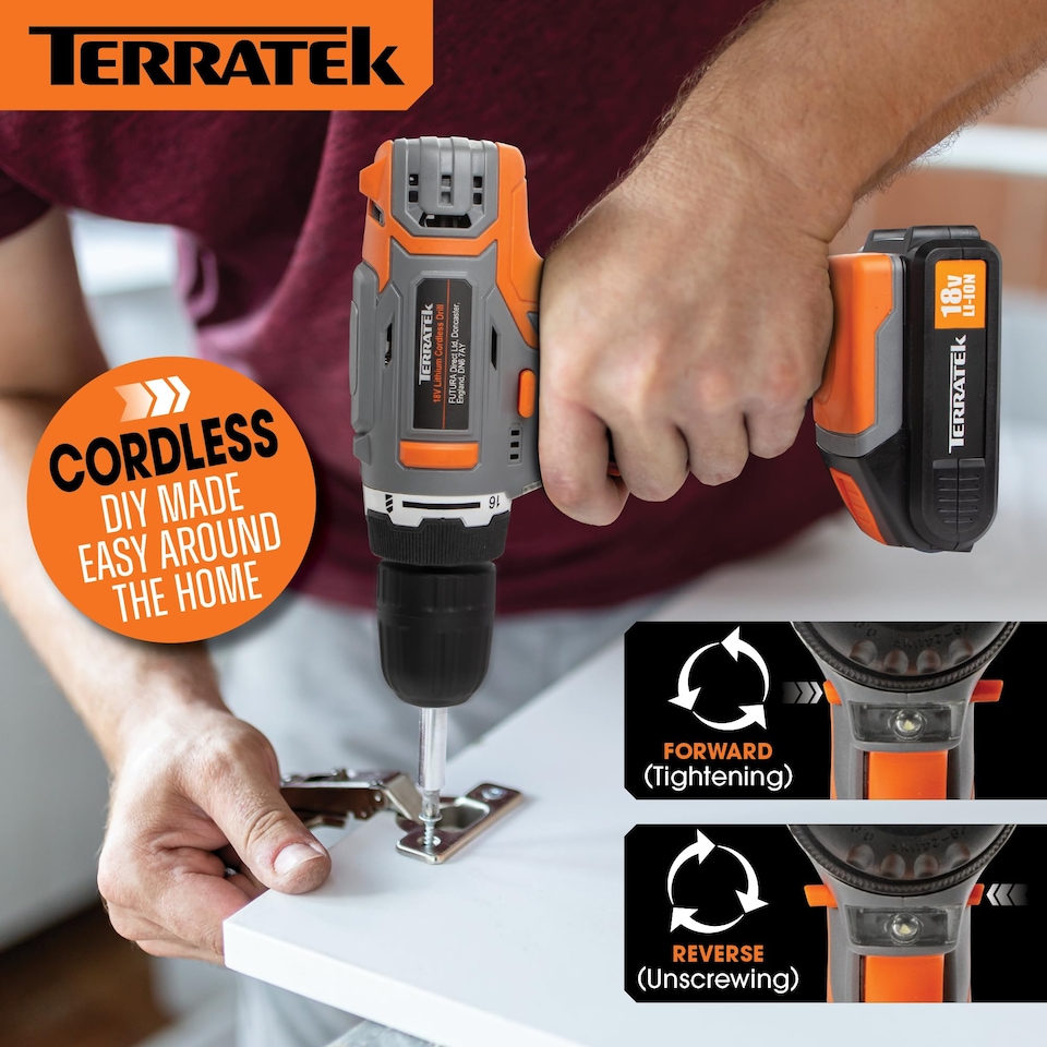 image 1 of Terratek 18V Cordless Power Drill Screwdriver Set & Drill Bit Battery & Case | Grey | Grey | 190.00 | 1