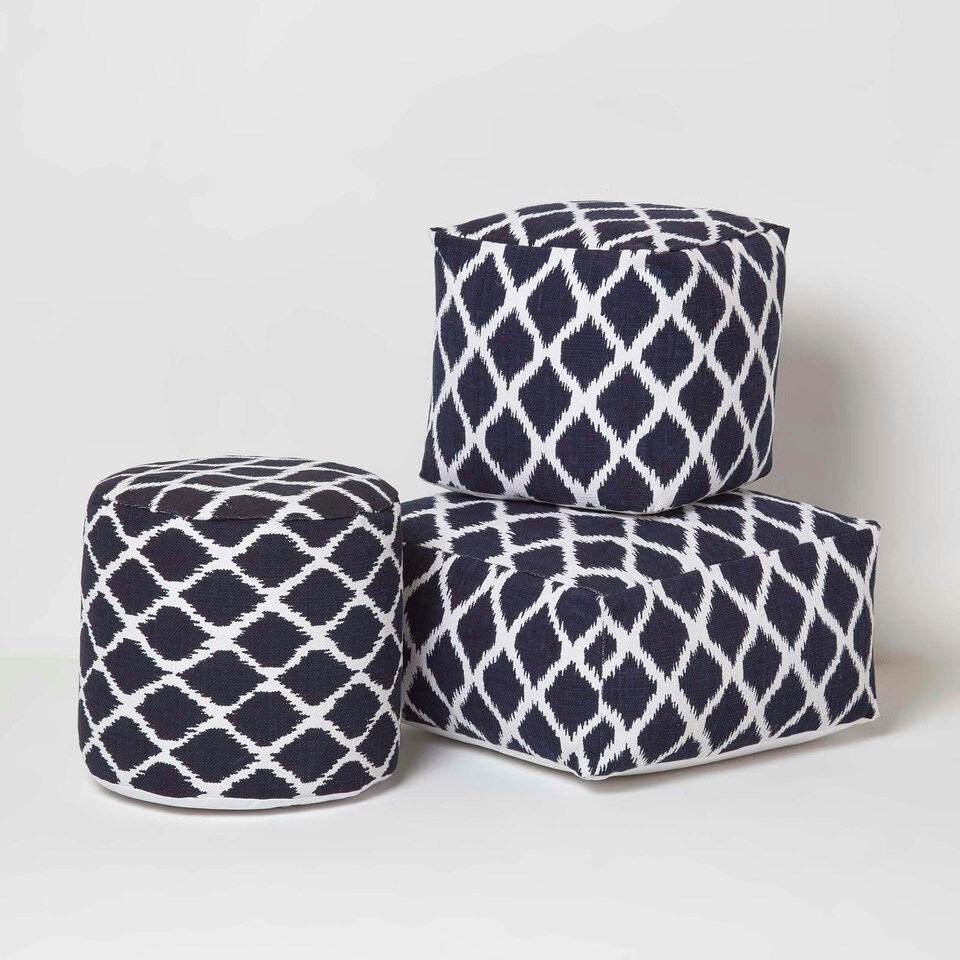 image 1 of Homescapes Circular Blue and Natural Colour Ikat Round Footstool