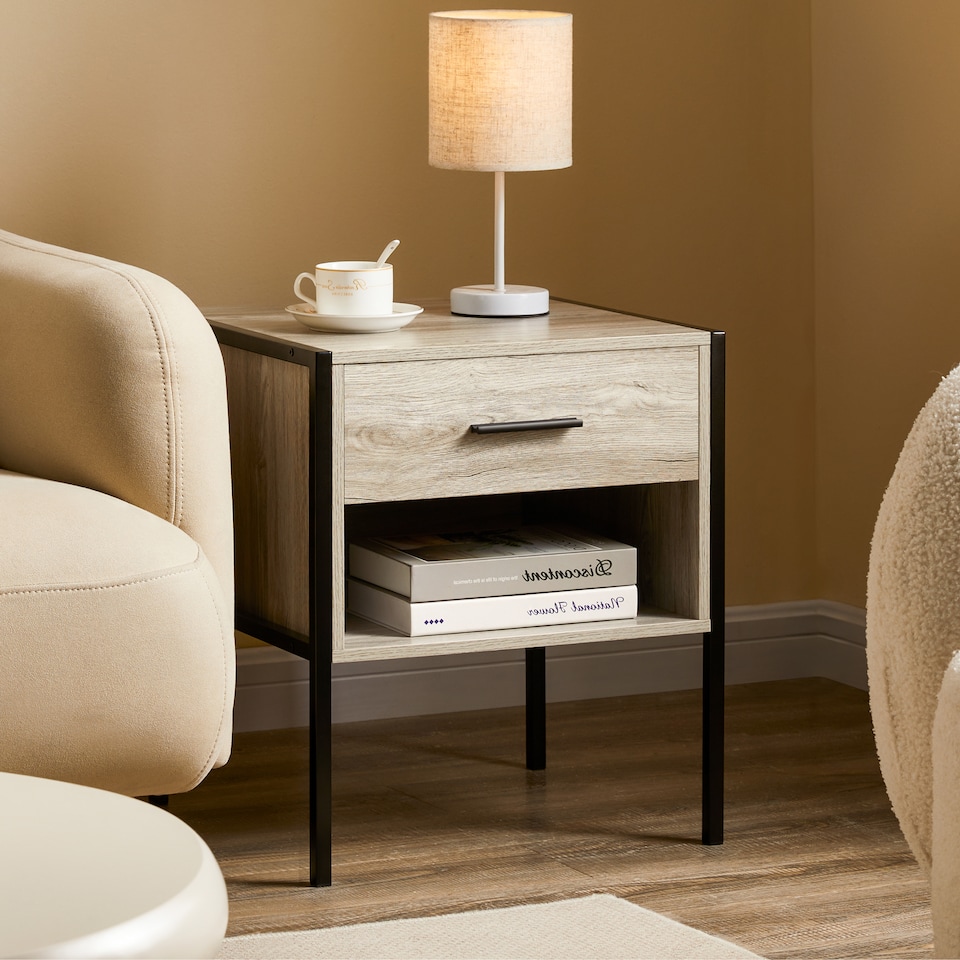 image 1 of Vida Designs Brooklyn 1 Drawer Bedside Cabinet Industrial Cabinet Table Nightstand, Grey