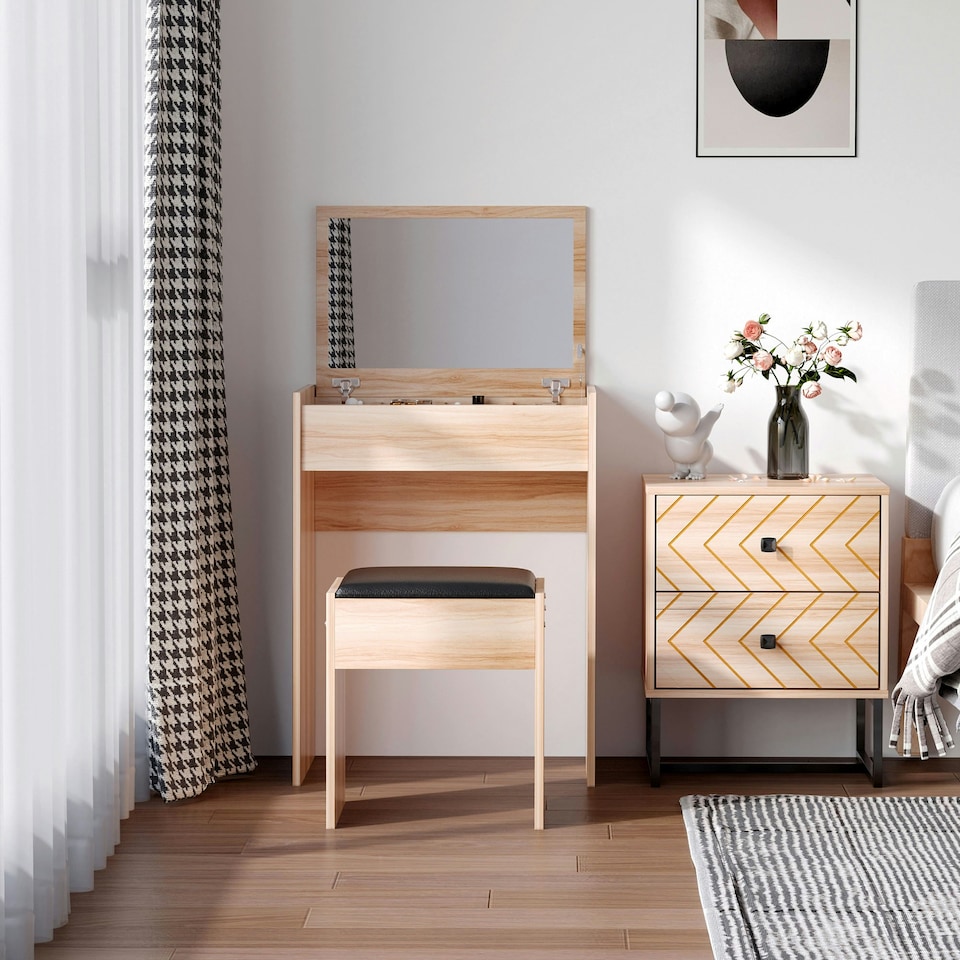 image 1 of HOMCOM Dressing Table Set Cushioned Stool Flip-up Mirror Chipboard - Wood Grain