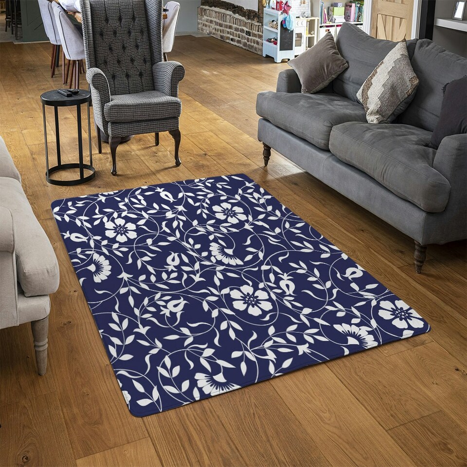 image 1 of White Flowers on Navy (Rug) Blue | XL: 160x230cm