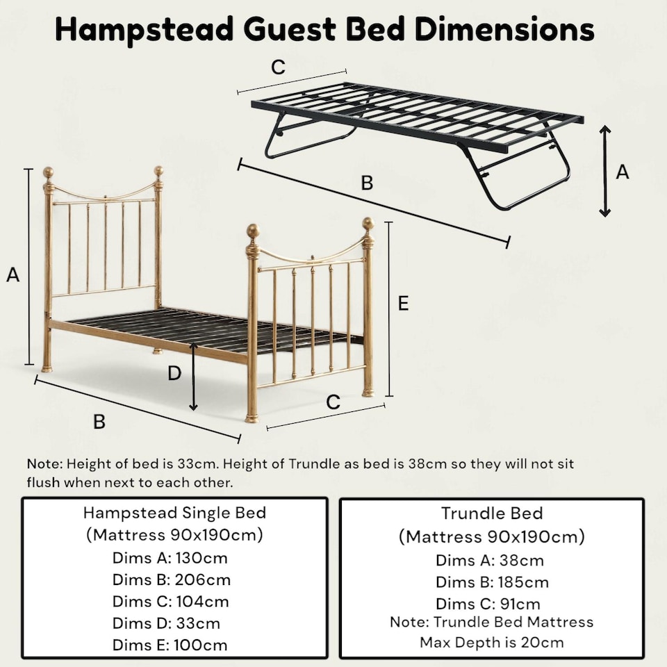 image 1 of Hampstead Traditional Antique Brass Distressed Effect Single Metal Bed Frame & Guest Trundle