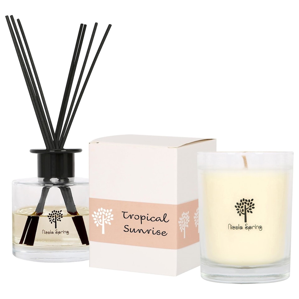 image 1 of Nicola Spring Soy Wax Scented Candle & Reed Diffuser Set - 160g Candle 28 Hour Burn & 200ml Diffuser 60 Day Scent | Clear | Tropical Sunrise