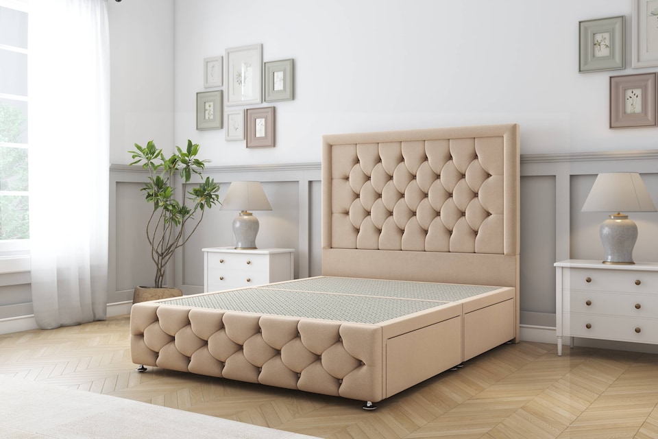 image 1 of Sloomy Vienna Pebble Plush Divan Bed Base 2 Drawers Right Side With 54 Inch Floor Standing Headboard & 12 Inch Matching Footboard | Brown | Pebble | Super King | 1