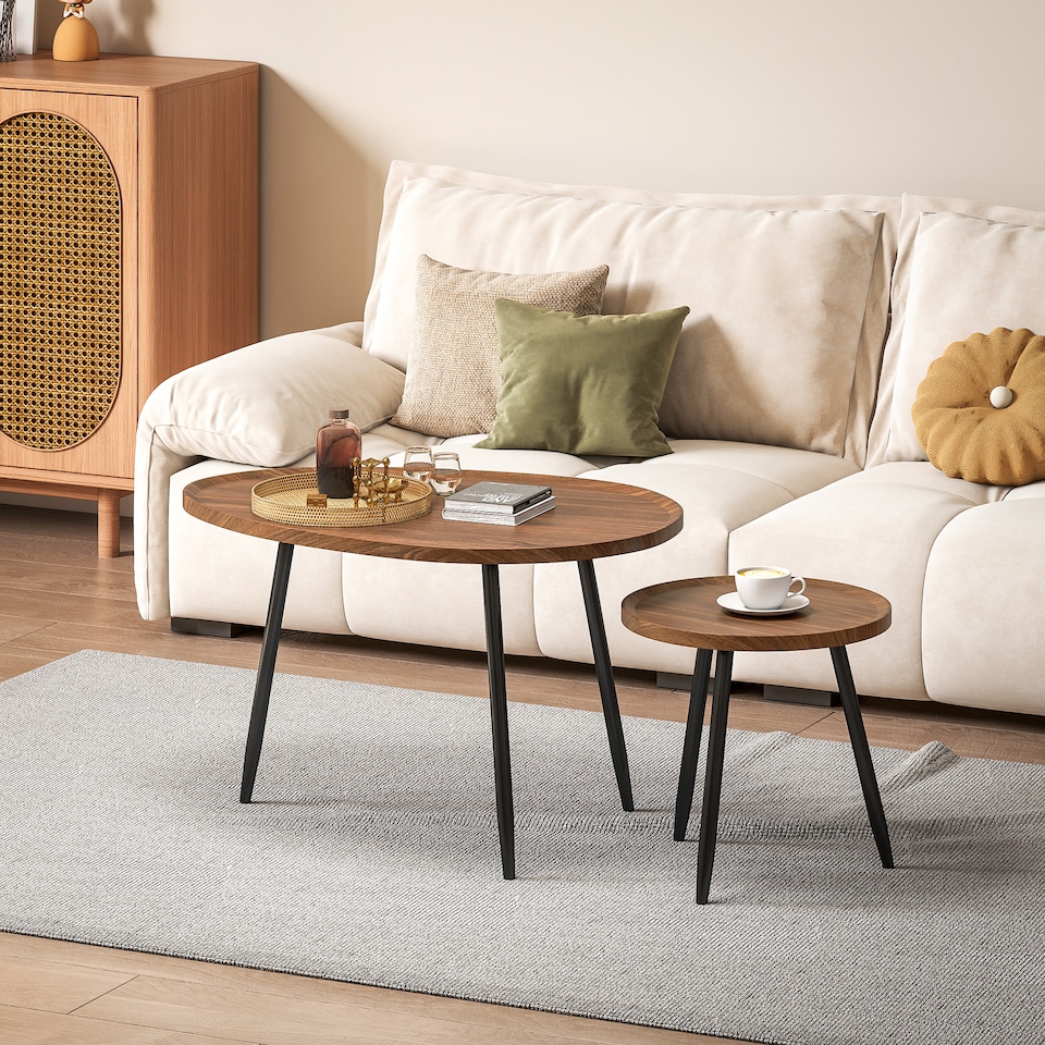 image 1 of HOMCOM Nesting Coffee Table Set of 2, 80cm Modern Stacking End Side Table with Metal Legs for Living Room Bedroom Office, Chestnut Wood Effect