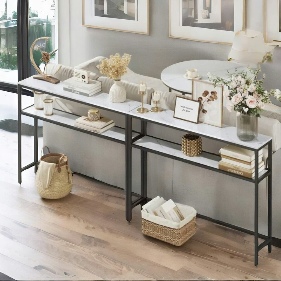 image 1 of Industrial Slim Console Table With 2 Shelves Marble Effect White White