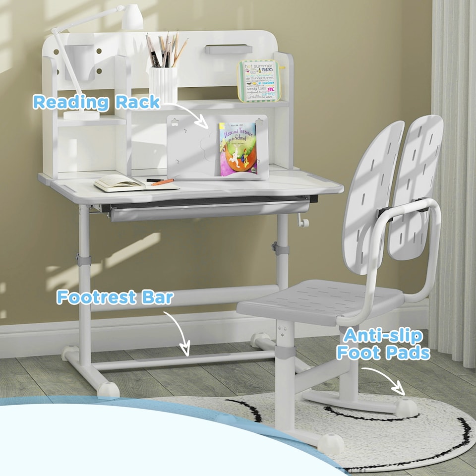 image 1 of AIYAPLAY Kids Desk and Chair Set w Tiltable Desktop, Reading Rack | Grey | 2