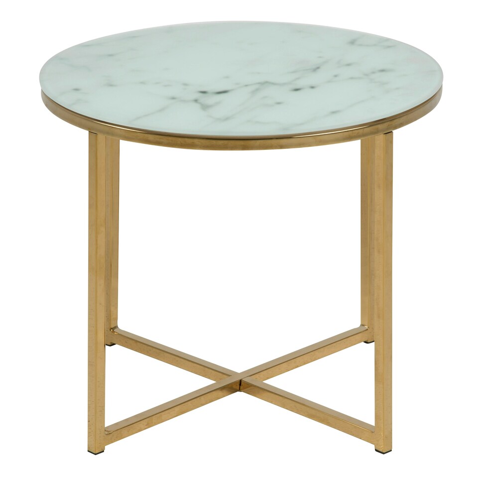 image 1 of Alisma Round Side Table with White Marble Effect Glass Top & Gold Legs