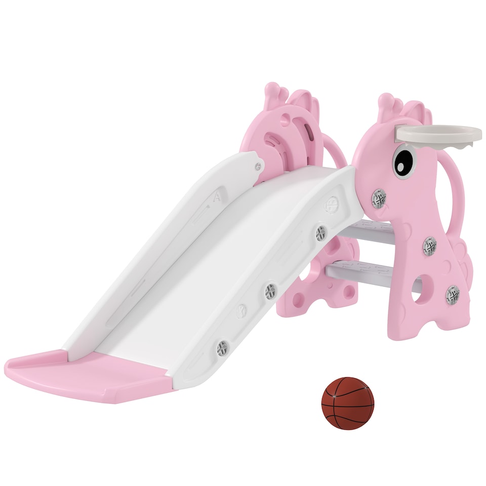 image 1 of AIYAPLAY 3 in 1 Kids Slide with Climber, Basketball Hoop and Ball, Pink