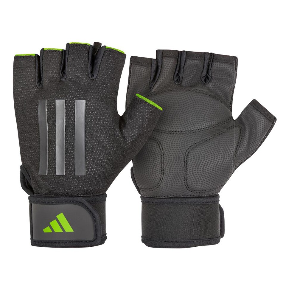 image 1 of Adidas Half-Finger Weightlifting Gloves — Padded Palm & Integrated Wrist Strap, XL | Black | Green | XL