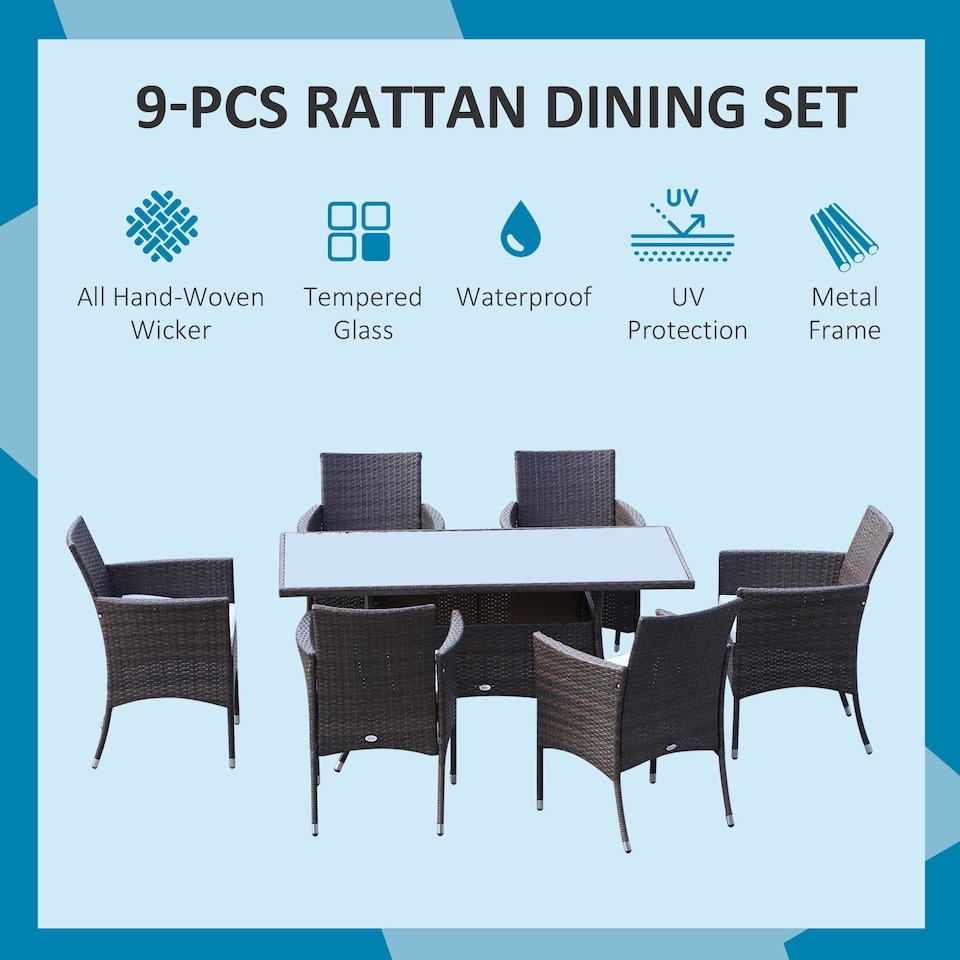 image 1 of Outsunny 7 Piece Rattan Garden Furniture Set with Cushions, 6 Seater Garden Table and Chairs, Rattan Dining Set with 6 Armchairs, Rectangular Glass Top Table, Brown