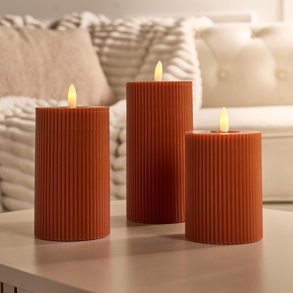 image 1 of OHS Set of 3 Ribbed Flameless LED Candles Decorative Lights Party Home | Orange | Rust
