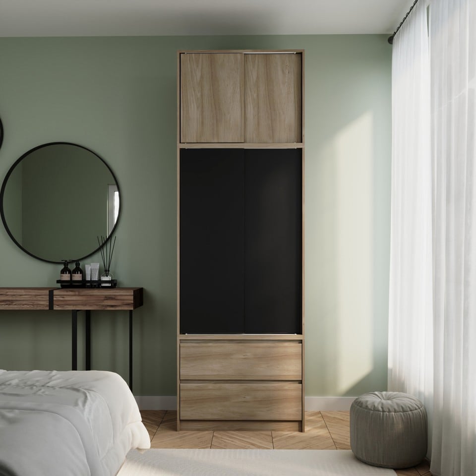image 1 of 240cm 2 Sliding Doors Wardrobe Bedroom Storage Closet Hanging Rail Cupboard Unit | Multi | Oak Carcass & Black Doors | 1