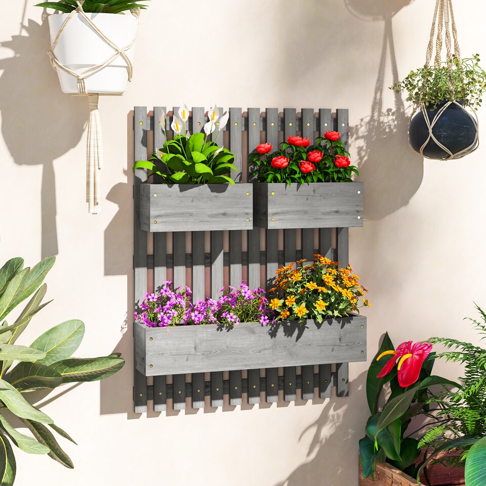 image 1 of Outsunny Wooden Garden Planters with Trellis Wall-mounted Raised Garden Bed | Grey | Grey