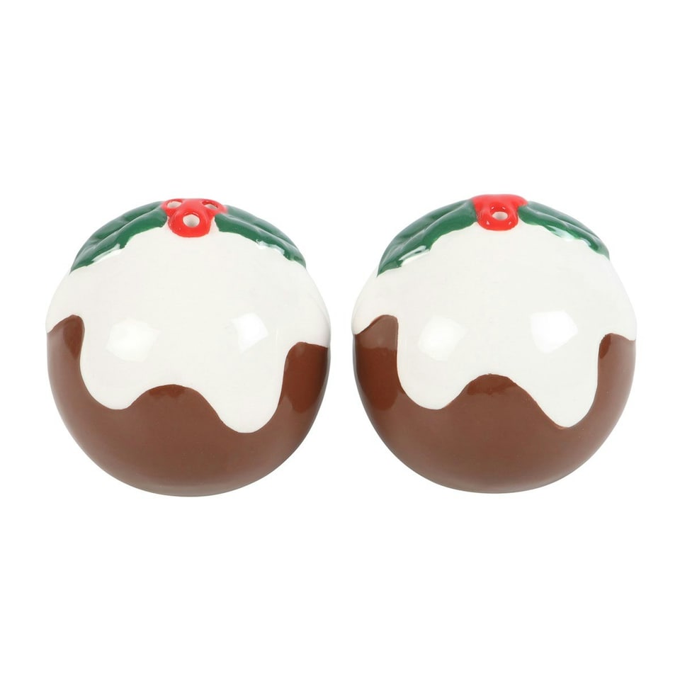 image 1 of Something Different Christmas Pudding Salt And Pepper Shakers - Brown/Green/White - One Size