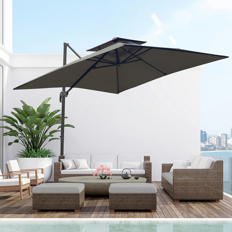 image 1 of Outsunny 360° Cantilever Parasol Roma Umbrella w/ Base Weights, Dark Grey