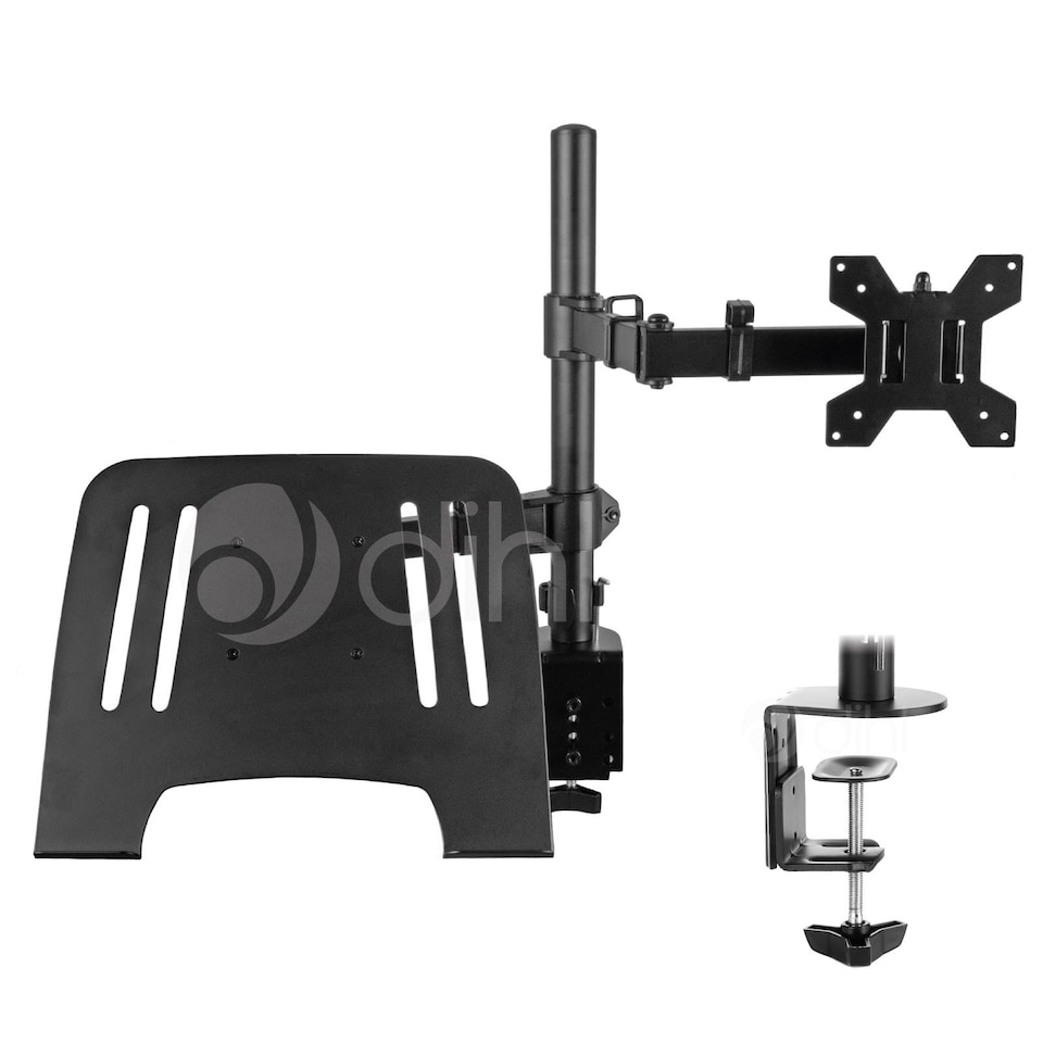 image 1 of Dihl Monitor Arm with Laptop Tray, Desk Mount Clamp Stand with Notebook Tray, 13 to 27 ", Fully Adjustable VESA Mount for 8KG Monitor Screen and up to 4KG Notebook, Monitor Arm Desk Mount