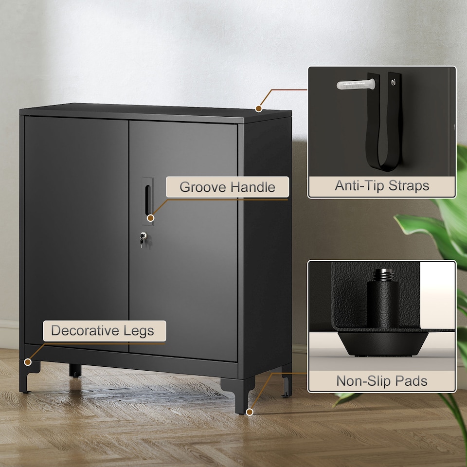 image 1 of HOMCOM Lockable Metal Filing Cabinet, 2-Tier Storage Cupboard | Black | Black | 80 x 35 x 91 cm