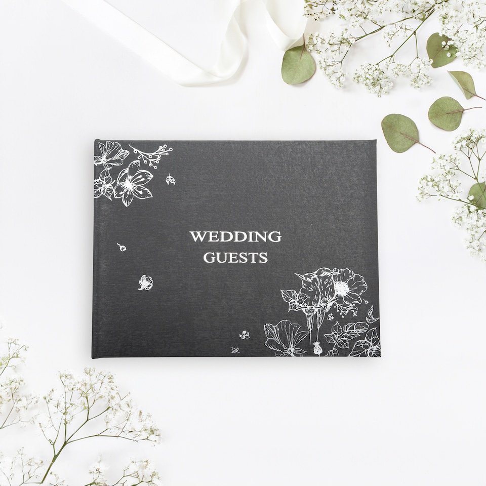 image 1 of Beautiful Black Satin Fabric Wedding Day Guest Book with Silver Floral Decor