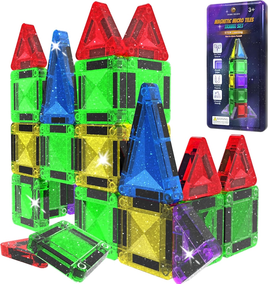 image 1 of Desire Deluxe Micro Magnetic Tiles Building Blocks Toy STEM Educational Travel Size Magnetics Blocks for Kids, Preschool Sensory Montessori Toddler Magnetic Toys for Boys & Girls 3 plus Years Old 28PCS Glitter