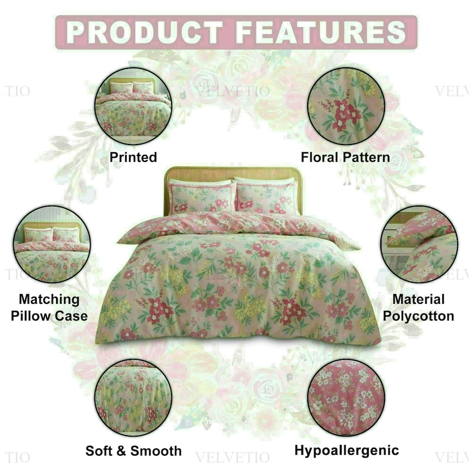 image 1 of Hattie Floral Duvet Cover Set Reversible Polycotton Beddings Pink | Double