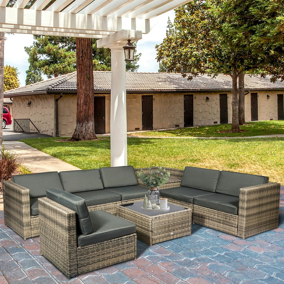 image 1 of Outsunny 8 Pieces Outdoor PE Rattan Sofa Set with Cushions, Patio Garden Furniture Sets with Glass Top Coffee Table, Storage Corner Table, Grey