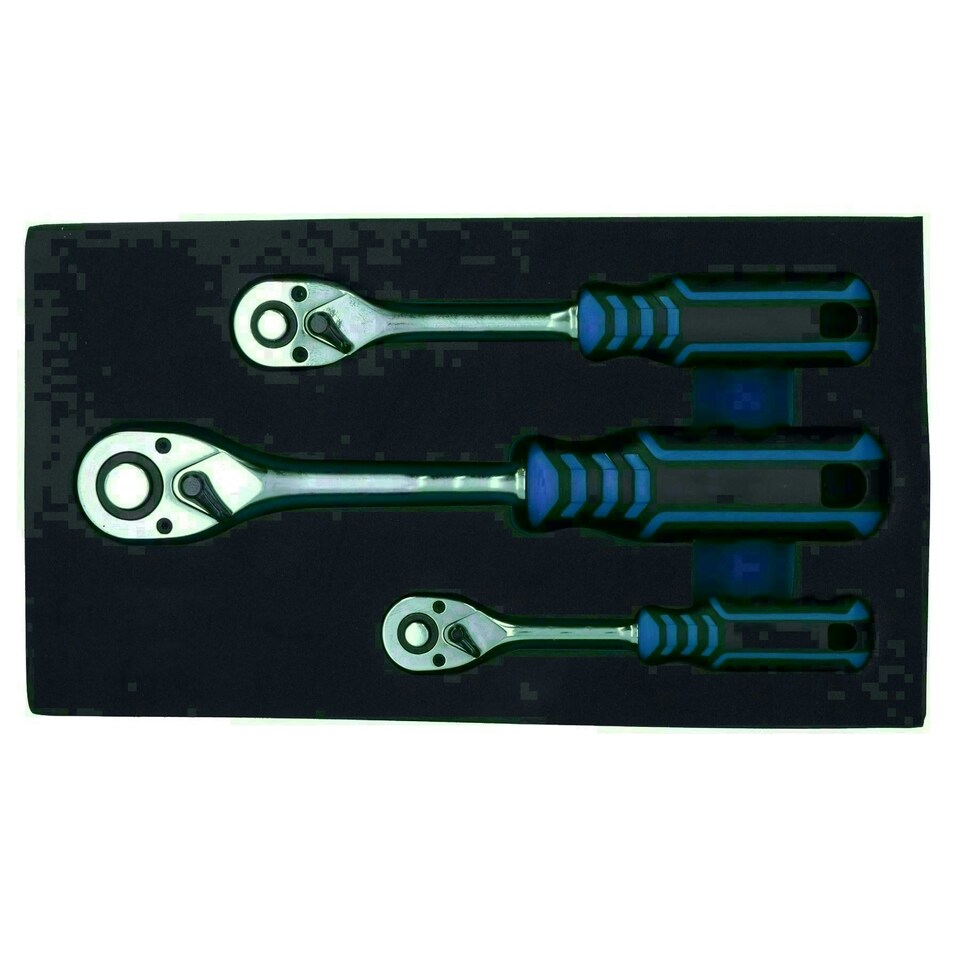 image 1 of 1/4in 3/8in 1/2in Drive Ratchets Straight Handle 90 Teeth Quick Release 3pc Set