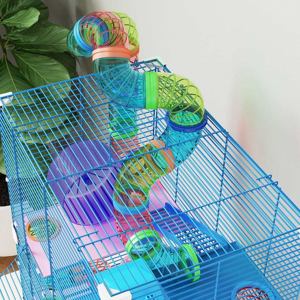 image 1 of Pawhut 5 Tier Hamster Cage, Gerbil Cage with Tube Exercise Wheels, Tunnel, Water Bottle, Dishes, Blue, 58H x 46L x 30Wcm