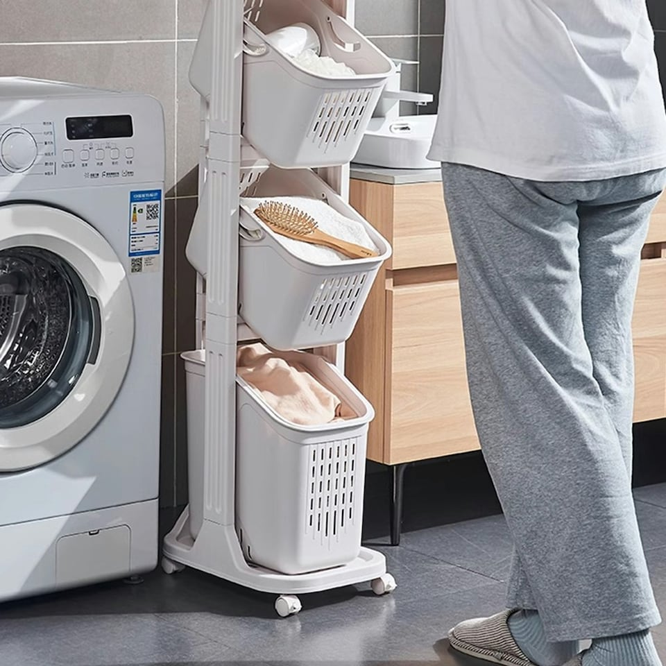 image 1 of Living and Home 4-Tier Laundry Basket with Wheels