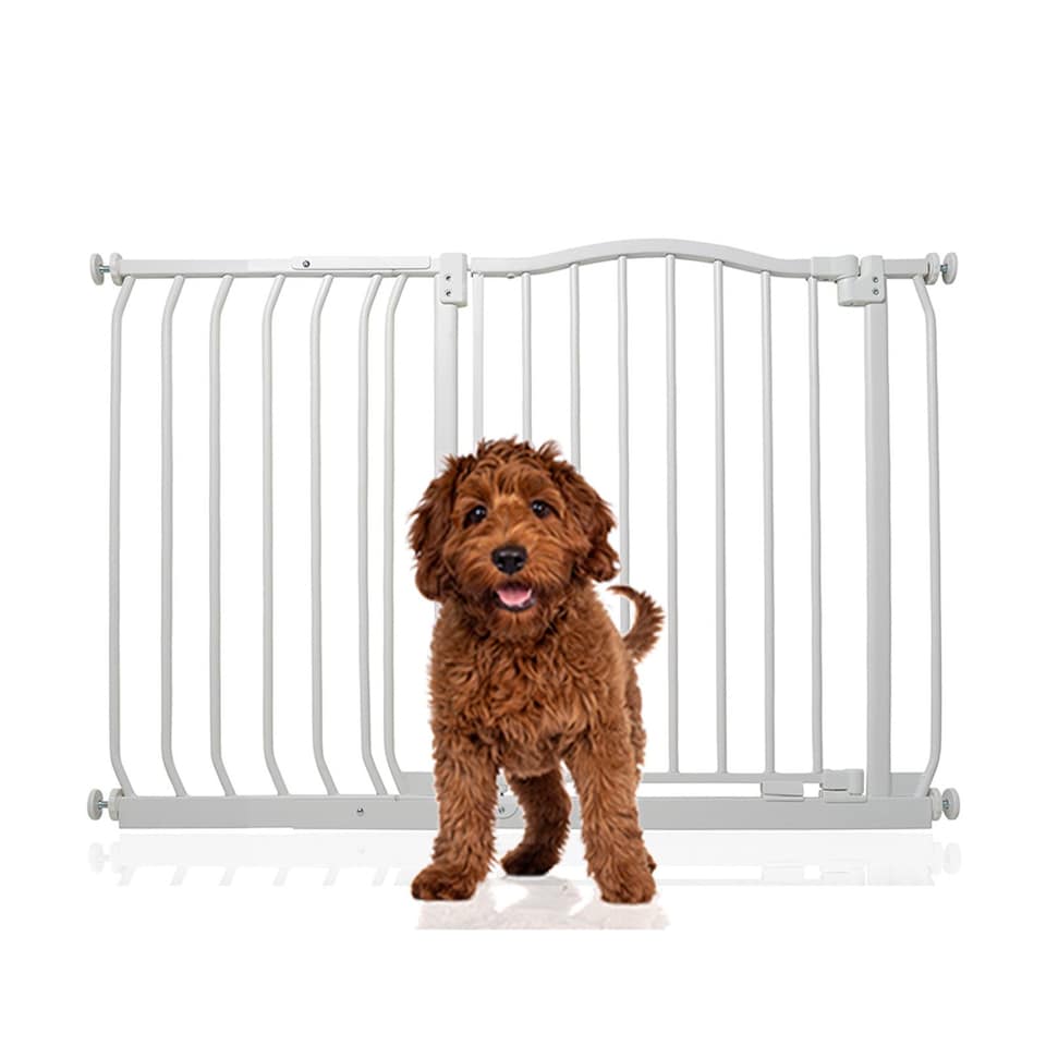 image 1 of Bettacare Curved Top Dog Gate, 107cm - 116cm, Matt White, Pressure Fit Pet Gate for Dog and Puppy, Pet and Dog Barrier | White
