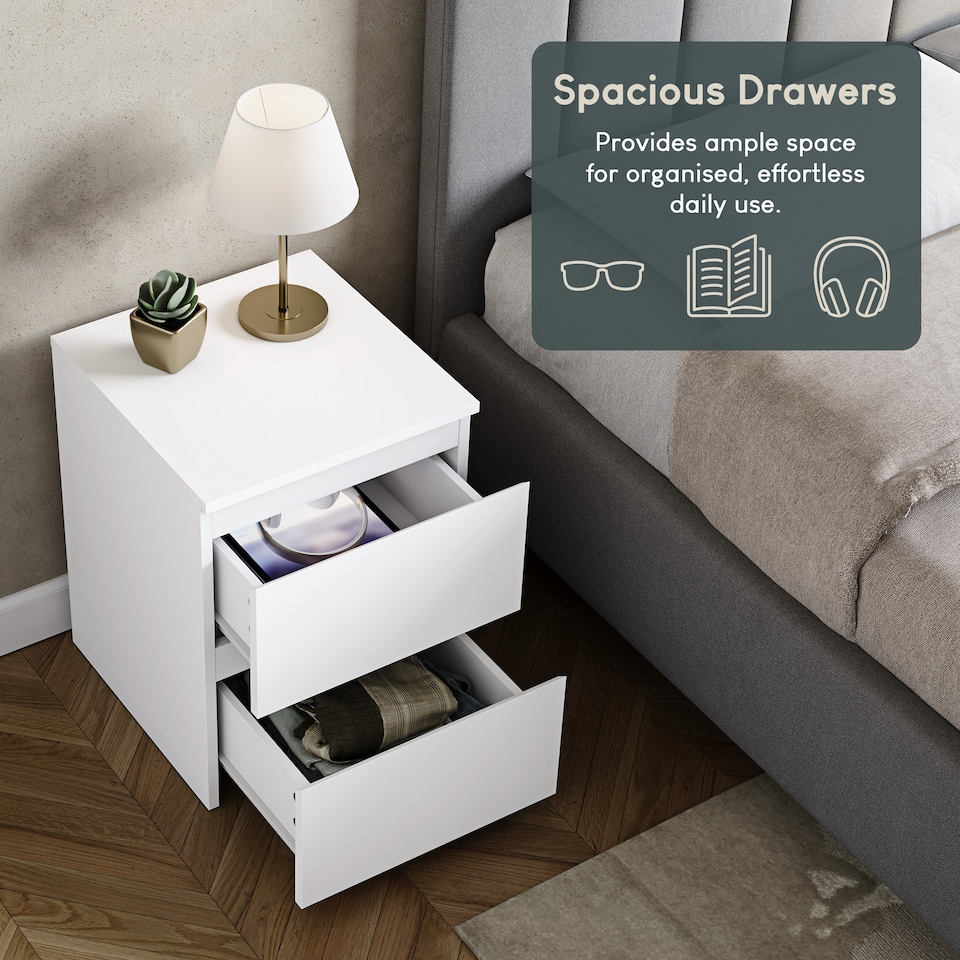 image 1 of Vida Designs Denver 2 Drawer Large Bedside Chest Cabinet Table Nightstand, White