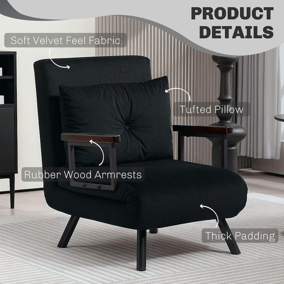 image 1 of HOMCOM Click Clack Single Chair Bed Settee for Living Room, Black
