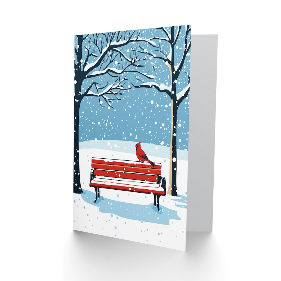 image 1 of Red Cardinal Park Bench Snow Winter Scene Blank For Him Or Her Art Xmas Festive Christmas Card