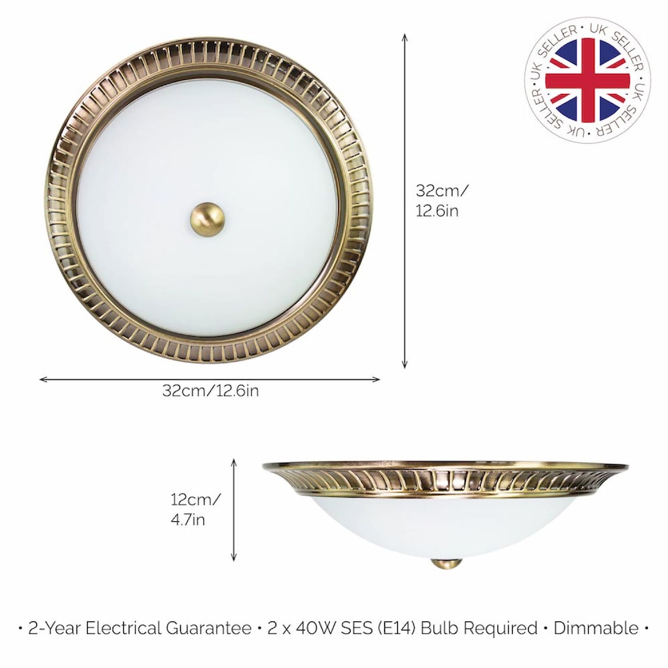 image 1 of Traditional Antique Brass Flush Ceiling Light Fitting with Opal Glass Diffuser | Gold | Antique Brass | 1