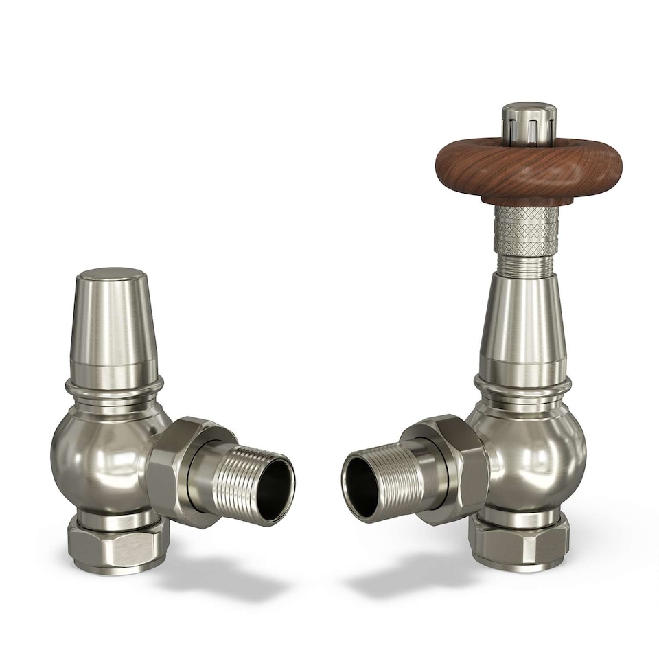image 1 of Derry Traditional Thermostatic Radiator Valve & Lockshield Angled - Silver Nickel - 10mm