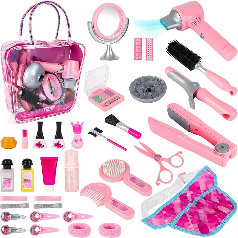 image 1 of 35-Piece Pretend Makeup & Hairdressing Set for Girls – Beauty Salon Role Play Kit with Toy Hairdryer, Mirror & Makeup – Portable Bag Included