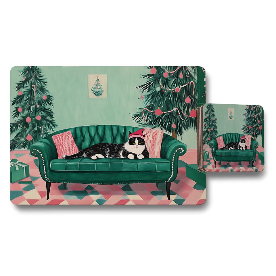 image 1 of Christmas Cat Sofa Placemat and Coaster Set With Festive Trees