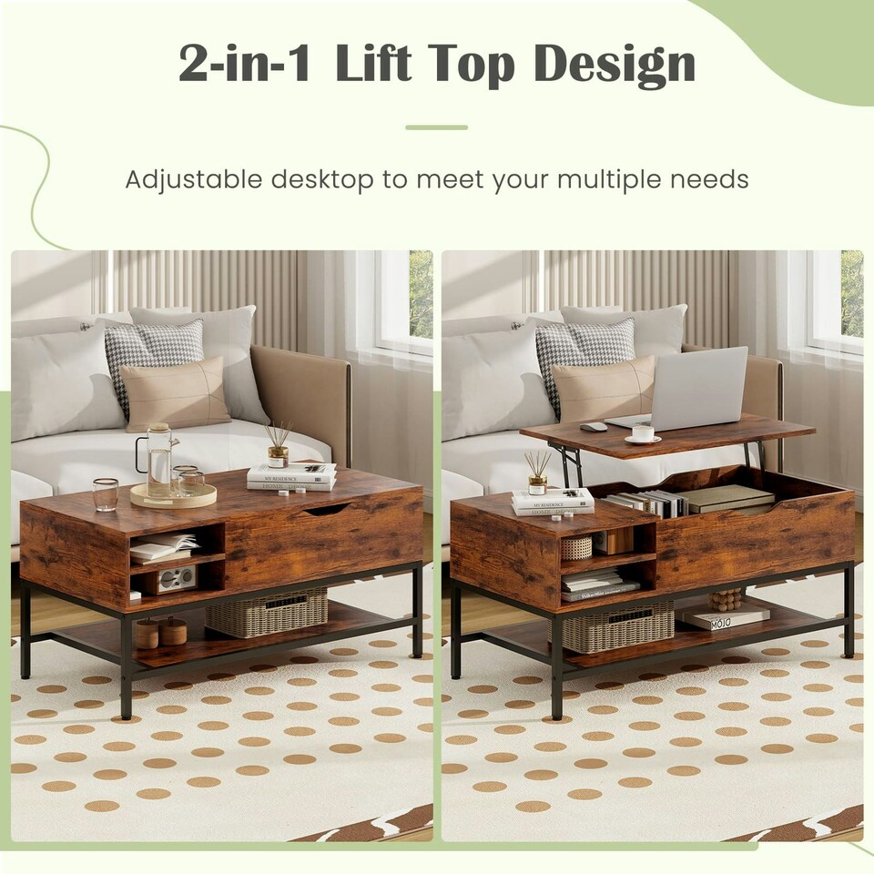 image 1 of COSTWAY Lift Top Coffee Table w/ Storage Shelf Coffee Brown