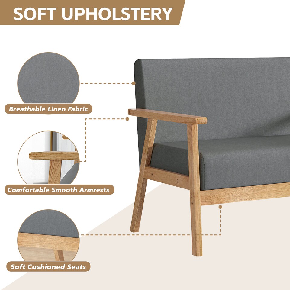 image 1 of Single seater Linen Fabric Wooden Sofa with Comfortable Padded Seat Country