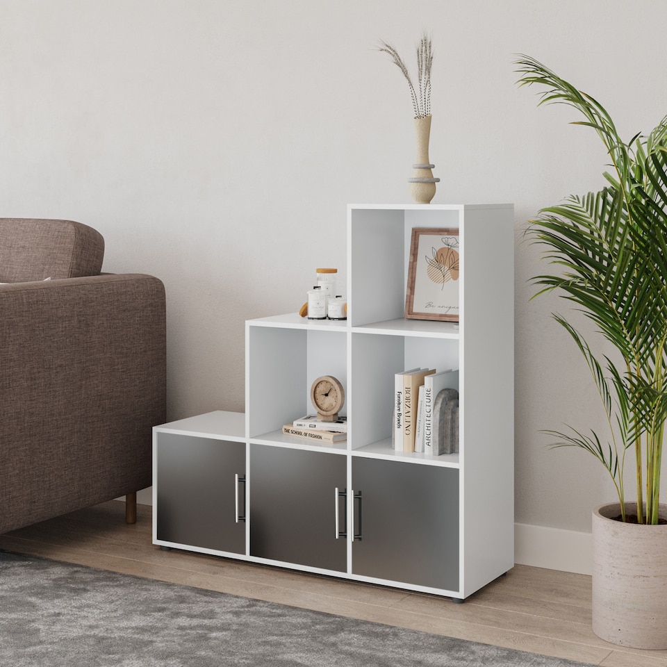 image 1 of 6-Cube Step Shelving Unit With Metal Handle Doors | White | White & Black | 1
