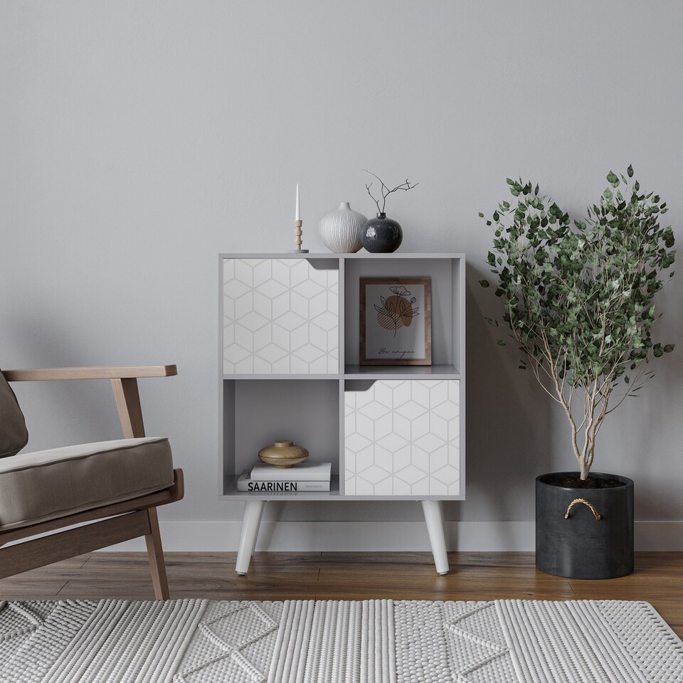 image 1 of Grey 4-Cube Storage Unit with 2 Geo Doors and Legs | White | White & White | 1