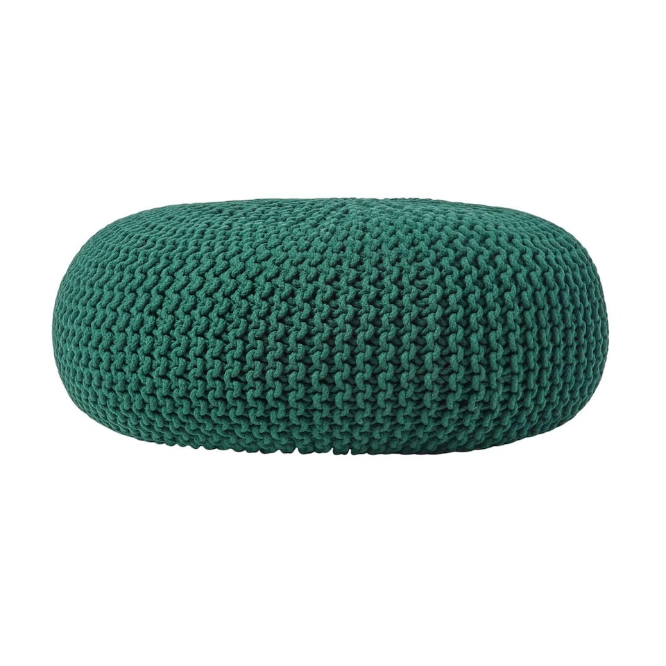 image 1 of Homescapes Forest Green Large Round Cotton Knitted Pouffe Footstool