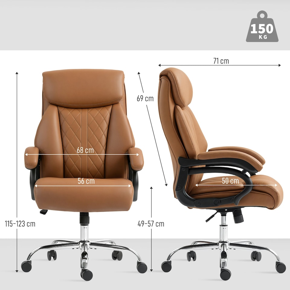 image 1 of HOMCOM PU Leather Office Chair with Spring Padding, Swivel Wheels, Brown | Brown | Light Brown | One Size