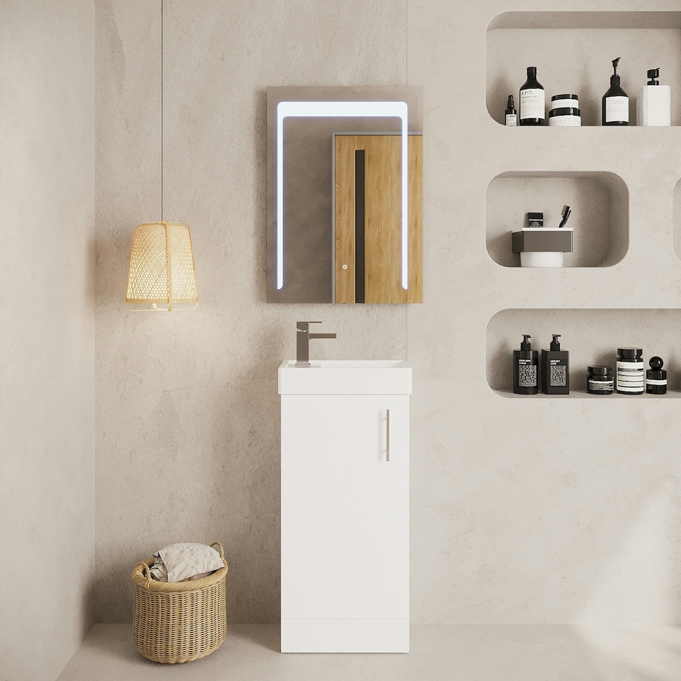 image 1 of Cloakroom Floor Standing 1 Door Vanity Unit with Basin, 400mm - Gloss White White
