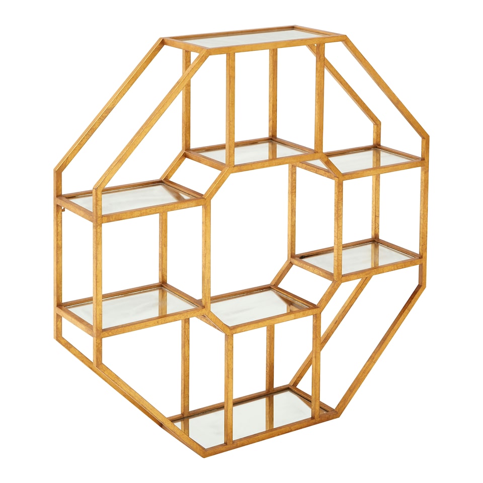 image 1 of Interiors by Premier Hexagonal Shelf Unit, Elegant Mirrored Storage Shelf Unit, Antique Luxe Design Decorative Wall Unit Gold