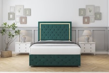 Sloomy Sofia Gold Emerald Plush Divan Bed With Mattress 2 Drawers Left Side With 54" Floor Standing Headboard & 12" Matching Footboard 2'6 Small Single | Green | Emerald | Small Single | 1